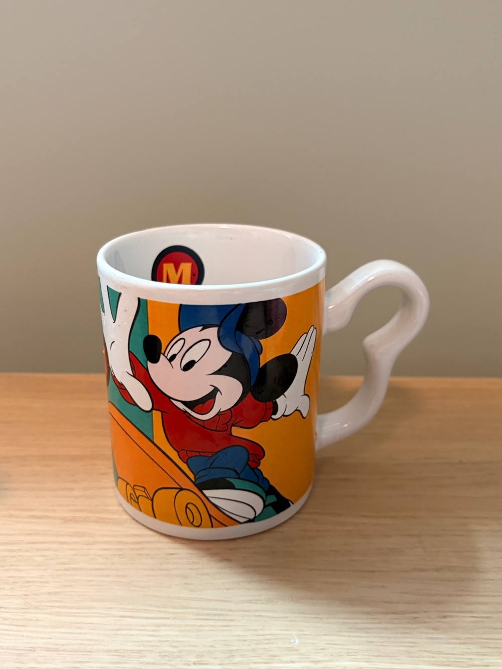 Vintage Disney Mickey Mouse Skateboarding Mug with a Mickey Head Handle